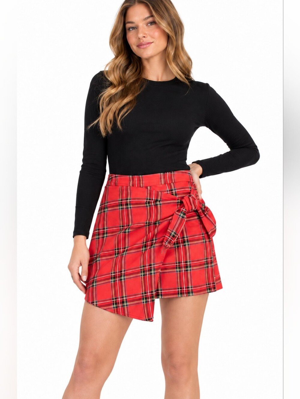 NWT Tinseltown Red Plaid Faux Wrap Tie Mini Skirt Juniors XL Holiday office chic